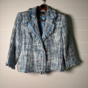 MetroStyle Blue and White Fringe with Ribbon Detail Women's Jacket Sz. 12